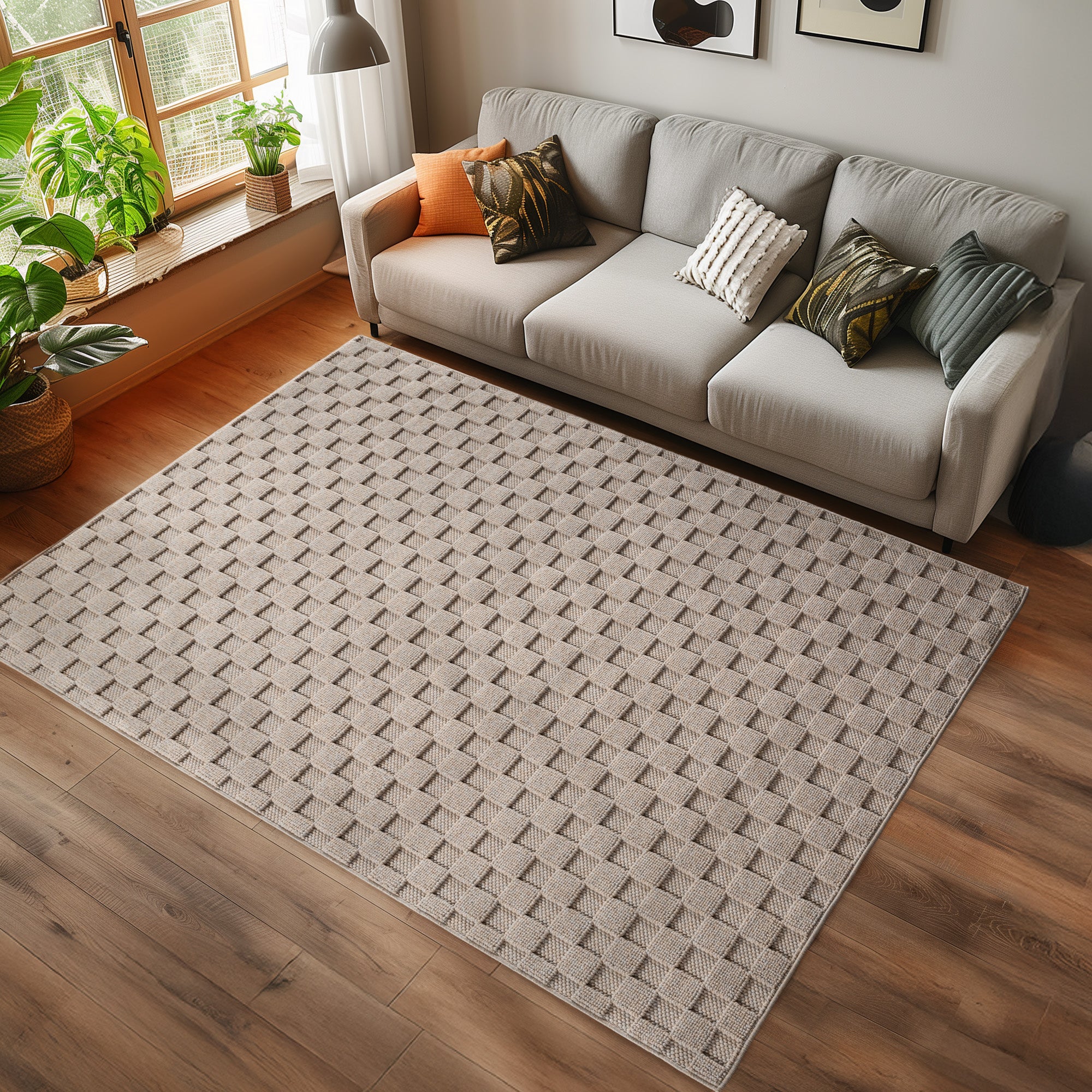 Hira 2203 beige, geflochtener weichflor Teppich, tolle Musterungen